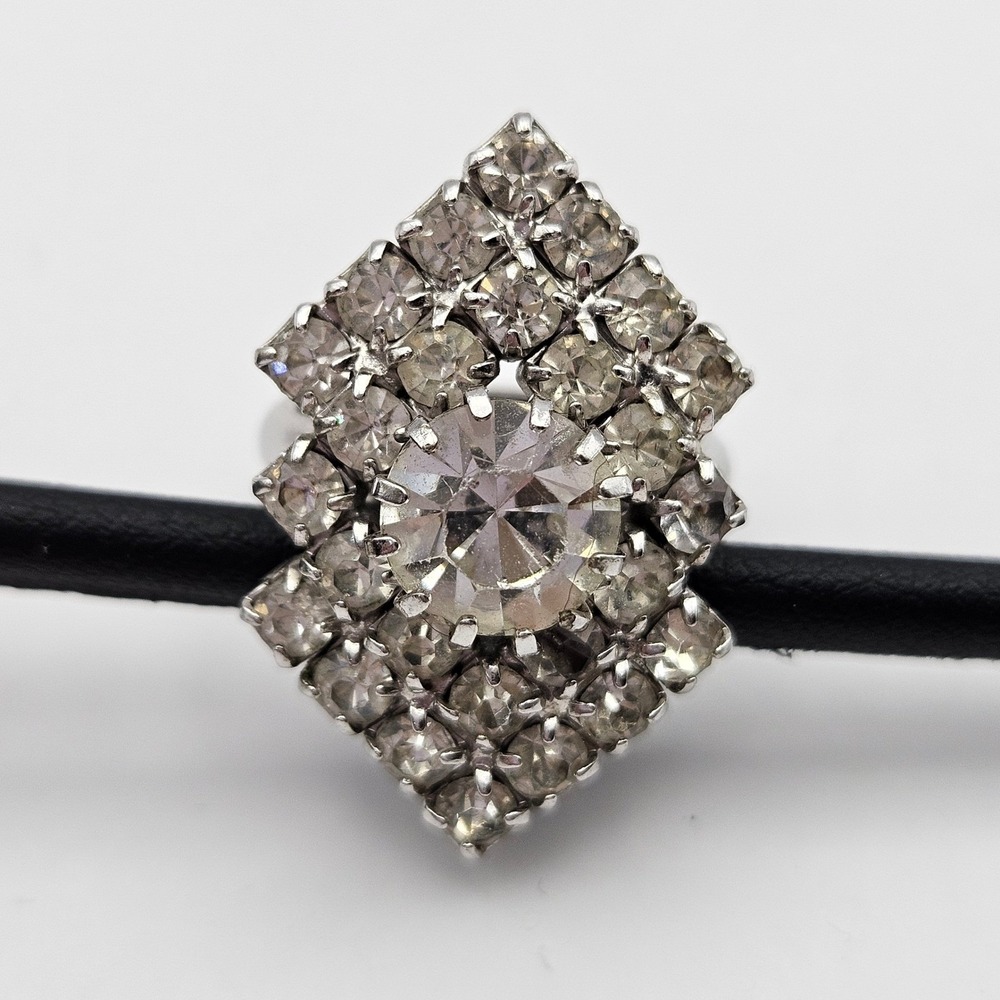 Vintage Judy Lee Rhinestone Cocktail Ring Silver Tone Adjustable Size 5.5